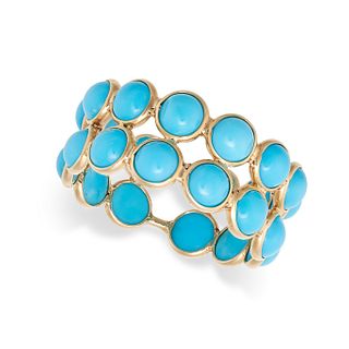 A TURQUOISE FULL ETERNITY RING in 14ct yellow gold, set with two rows of cabochon cut turquoise,Â ...