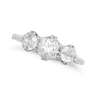 A DIAMOND THREE STONE RING in platinum, comprising three round brilliant cut diamonds, the centra...