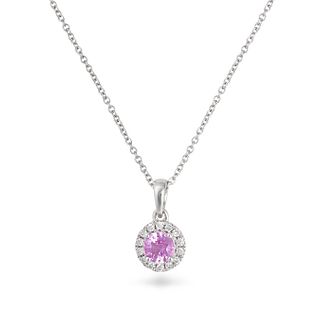 A PINK SAPPHIRE AND DIAMOND CLUSTER PENDANT NECKLACE in 18ct white gold, set with a round cut pin...