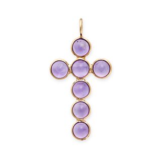 AN AMETHYST CROSS PENDANT in 18ct yellow gold, set with seven cabochon cut amethysts, stamped 18,...