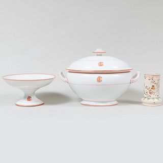 French Monogramed Porcelain Tureen and a Compote 