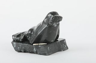 Putuguk Ashevak's "Walrus on Base with Tusks" Original Inuit Carving