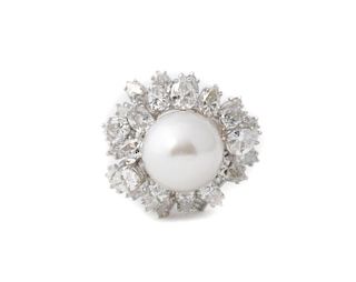 Ladies Platinum, White Pearl, & Diamond Ring