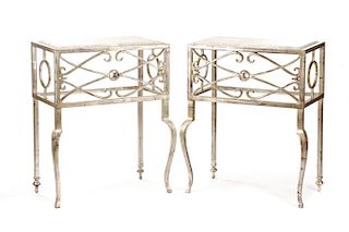 Pair Hollywood Regency Silver Leaf Console Tables