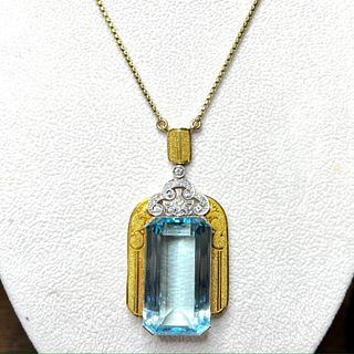1970â€™s 18K & 14K Yellow Gold Aquamarine & Diamond Necklace