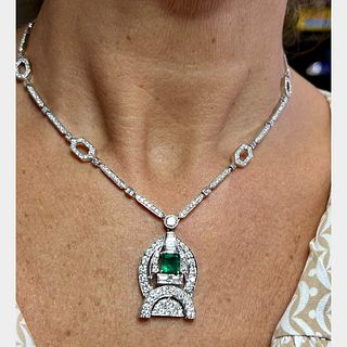 18K White Gold Gem Emerald & Diamond Necklace