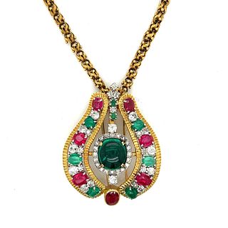 Antique 18K Yellow Gold Emerald, Synthetic Ruby and Diamond Necklace