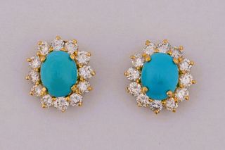 14K Yellow Gold Diamond & Turquoise Earrings