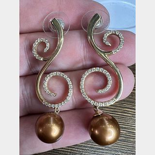 14K Yellow Gold South Sea Pearl & Diamond Earrings