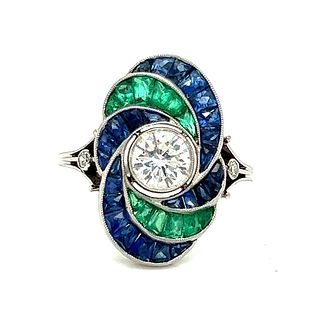 Platinum Emerald Sapphire Diamond Wavy Ring