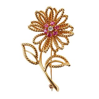 Tiffany & Co 18k Gold Ruby Diamond Flower Brooch