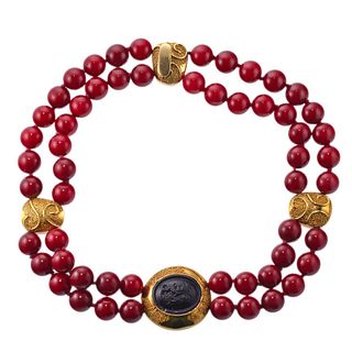 Elizabeth Gage Red Jasper Onyx Intaglio Gold Necklace