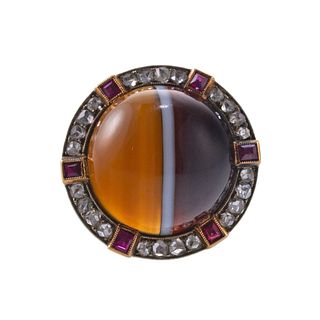 18k Gold Banded Agate Diamond Ruby Ring
