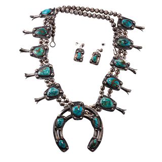 Native American Silver Turquoise Squash Blossom Necklace Earrings