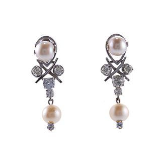 Midcentury 14k Gold Pearl Diamond Drop Earrings