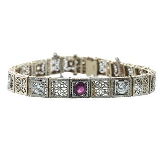 Art Deco Filigree 14k Gold Diamond Ruby Bracelet