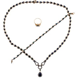 14k Gold Diamond Sapphire Necklace Bracelet Ring Suite