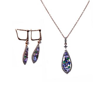 Kallati Gold Tanzanite Emerald Diamond Pendant Necklace Earrings Set