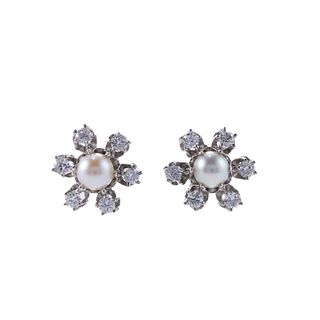 14k Gold Pearl Diamond Stud Earrings