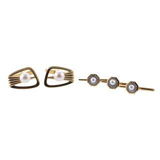Mikimoto 14k Gold Pearl Cufflinks Stud Set