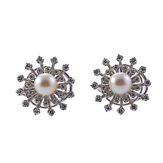 Midcentury 14k Gold Diamond Pearl Earrings