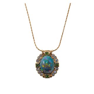 18k Gold Opal Diamond Pendant on 14k Gold Necklace