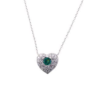 Platinum Diamond Emerald Heart Pendant Necklace