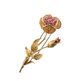 French 18k Gold Ruby Flower Brooch Pin