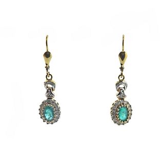 14k Gold Diamond Emerald Drop Earrings