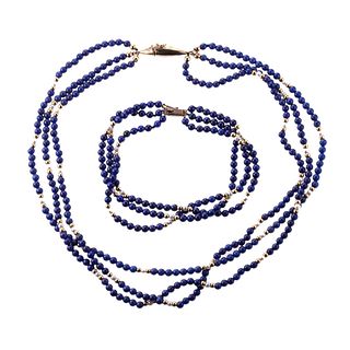 14k Gold Lapis Pearl Bracelet Necklace Set