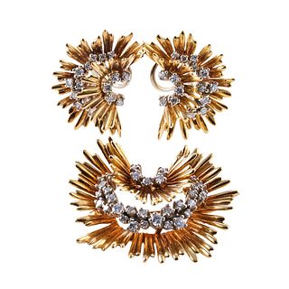 French 18k Gold Diamond Earrings Brooch Set