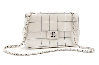 Chanel White Leather Navy Contrast Stitch Flap Bag