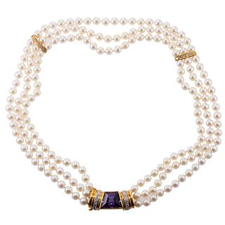 18k Gold Diamond Amethyst Pearl Necklace