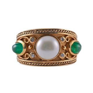 14k Gold Diamond Pearl Emerald Ring