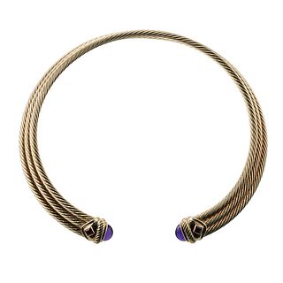 David Yurman Silver 14k Gold Amethyst Tourmaline Cable Collar Necklace