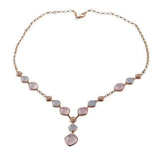 Bucherer 18k Gold Diamond Rose Quartz Aquamarine Necklace