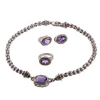 18k Gold Silver Amethyst Necklace Earrings Ring Suite