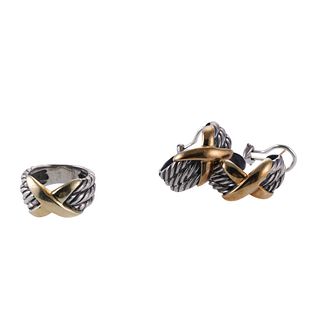 David Yurman Silver 14k Gold X Earrings Ring Set