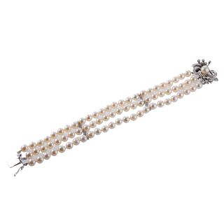 Honora 1950s 14k Gold Pearl Diamond Bracelet