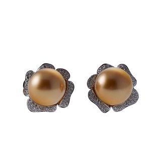 14k Gold Golden South Sea Pearl Diamond Earrings