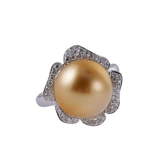 14k Gold Golden South Sea Pearl Diamond Ring