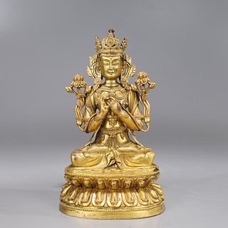 Sino-Tibetan Gilt Copper Seated Maitreya Figure