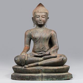Large Khmer Period Bronze Seated Buddha