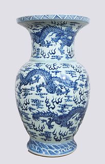 Massive Antique Chinese Blue & White Porcelain Dragon Vase