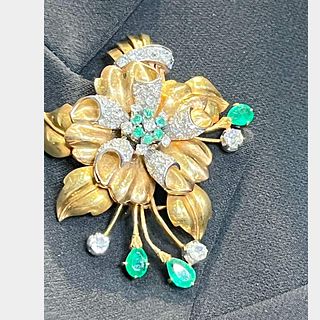 18K Yellow Gold & Platinum Emerald and Diamond Flower Brooch
