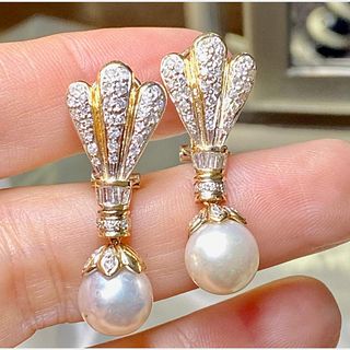 18K Yellow Gold Pearl and Diamond Earrings
