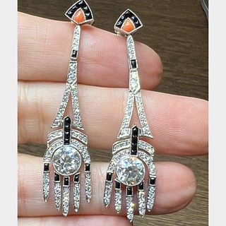Deco Style Platinum Diamond, Coral, and Onyx Earrings