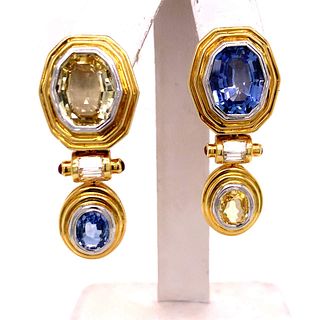 18k Yellow and Blue Sapphire Diamond Earrings