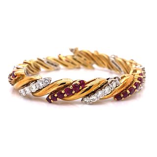 1960s 18K Yellow Gold Ruby and Diamond Bracelet