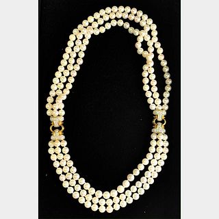 3 Strand Cultured Pearl Double Clasp Necklace